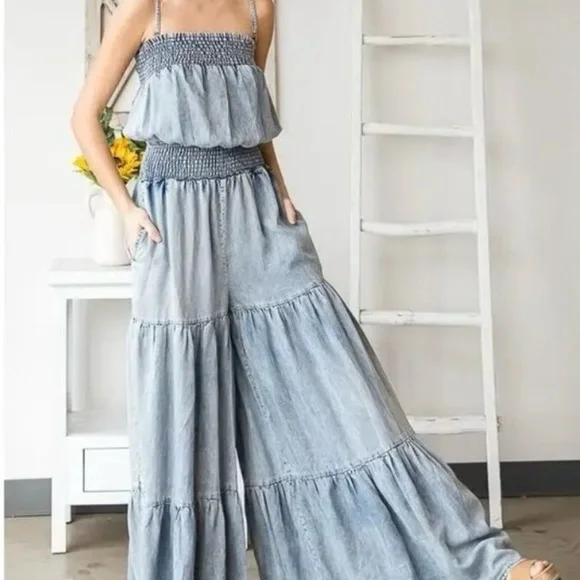 Oli & Hali Dusty Blue Tiered Maxi Jumpsuit with Smocked Waist - Picture 5 of 5